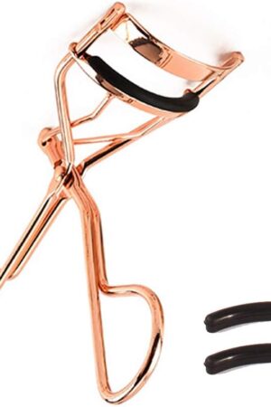 Professional Makeup Tool for Eyelashes with 2 Replacement Silicone Refill Pads Pinch Pain Free Metal Eyelash Curler 1PC, Golden Color