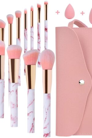 Makeup Brush Set, Professional 12Pcs Pink Marble Makeup Brushes with Foundation Eyeshadow Blush Concealer make up brushes Make Up Bag and Beauty Blender