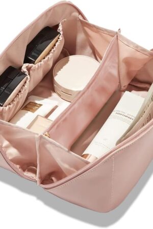 Travel Makeup Bag,Capacity Cosmetic Bags for Women,Waterproof Portable Pouch Open Flat Toiletry Bag Make up Organizer with Divider and Handle (Pink)
