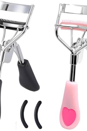 2 Pcs Stainless Steel Eyelash Curler with Built-in Comb Pinch Pain-Free Suitable for Any Eye Shapes and Sizes, with 4 Silicone Refill Pads（Black&Light Pink）