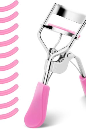 Lash Curler, No Pinching or Pulling, Long Lasting Eyelash Curler Fit All Eye Shapes, Professional Makeup Tool for Eyelashes with 10 Pieces Silicone Refill Pads (Pink)