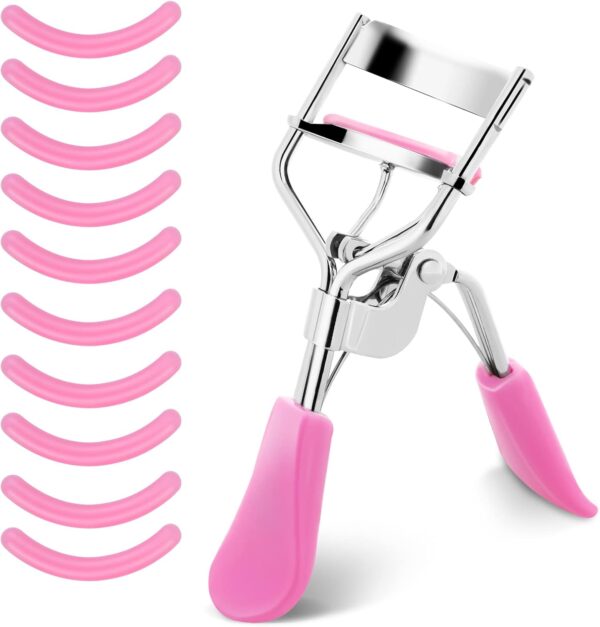 Lash Curler, No Pinching or Pulling, Long Lasting Eyelash Curler Fit All Eye Shapes, Professional Makeup Tool for Eyelashes with 10 Pieces Silicone Refill Pads (Pink)