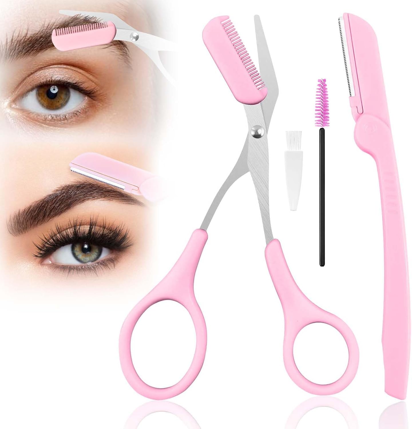 Eyebrow Trimmer Scissors with Comb Eyebrow Razor Eyebrow Spoolie and Cleaning Brush Set, Professional Eyebrow and Eyelash Grooming Tools for Women and Men, Pink