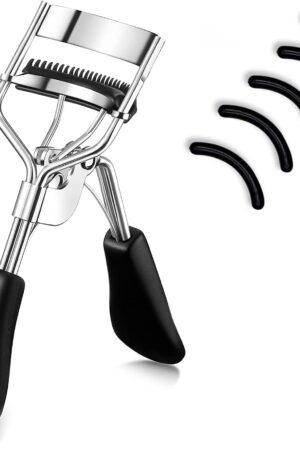 Stainless Steel Eyelash Curler with Built-in Comb Pinch Pain-Free Suitable for Any Eye Shapes and Sizes, with 5 Silicone Refill Pads (Black)