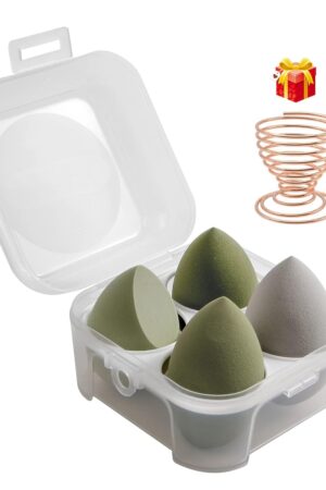 4 Pcs Makeup Sponges Blender Set - Makeup Sponges For Foundation Blender with Egg Case and 1 Holder, Flawless for Cream, Powder and Liquid (4PCS,Green)