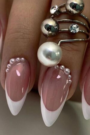 White French Tip Press On Nails - Medium Almond Pink False Nails with Pearl Design - Glossy Full Cover Artificial Stick Ons - 24 Pcs