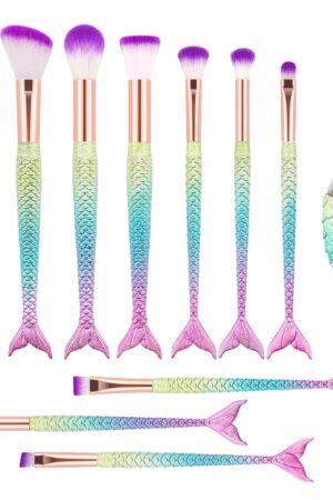 Makeup Brush Set 11pcs, Premium Synthetic Mermaid Make Up Brushes for Blush Highlight Concealer Fan Cute Cosmetic Brushes Collection