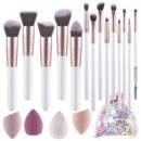 Makeup Brushes 14pcs white wooden Makeup Brushes Set 4 Bags Makeup sponge Premium Synthetic Foundation Brushes Blending Face Powder Eye Shadow Concealer Make Up Brushes Tool…