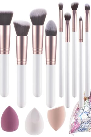 Makeup Brushes 14pcs white wooden Makeup Brushes Set 4 Bags Makeup sponge Premium Synthetic Foundation Brushes Blending Face Powder Eye Shadow Concealer Make Up Brushes Tool…
