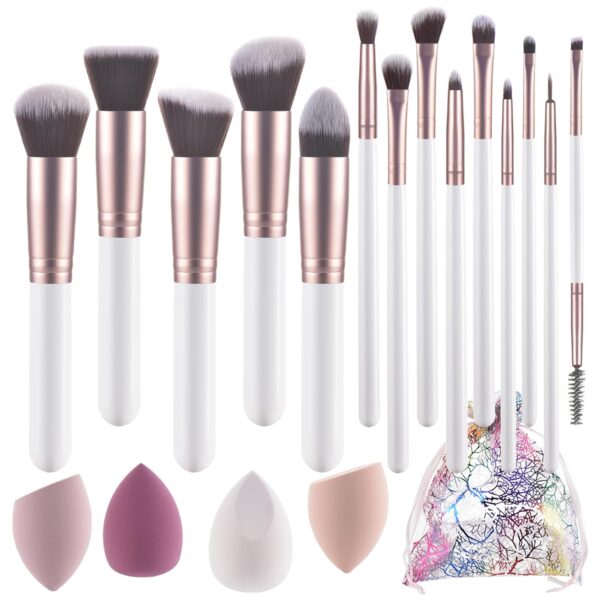 Makeup Brushes 14pcs white wooden Makeup Brushes Set 4 Bags Makeup sponge Premium Synthetic Foundation Brushes Blending Face Powder Eye Shadow Concealer Make Up Brushes Tool…