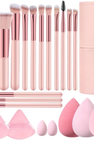 14 Pcs Small Travel Makeup Brush Set Portable Pink Make up Brushes with Case,5 Pcs Makeup Sponge,Valentine's Day Gift,Mother's Day Gift for Foundation Powder Concealers Eye Shadows(Pink)