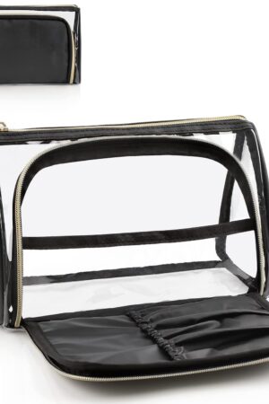Clear Makeup Bag, TSA Approved Toiletry Bag, Transparent Small Travel Bag for Essential Makeup, Toiletries Cosmetic Storage Organizer Cute Clear Pouch with Compartment