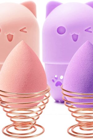 Makeup Sponge Holder, Beauty Sponge Holder + Makeup Blender Travel Case Beauty Sponge Blender Drying Stand & Storage Containers (Pink&Purple)