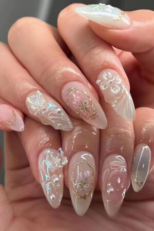 3D Handmade Press on Nails with Charms Medium Almond Fake Nails Cute French Nails Press ons Butterfly Flower Bow Stick on Nails Almond Shape Acrylic Nails Pearl Nails for Women Daily Wear