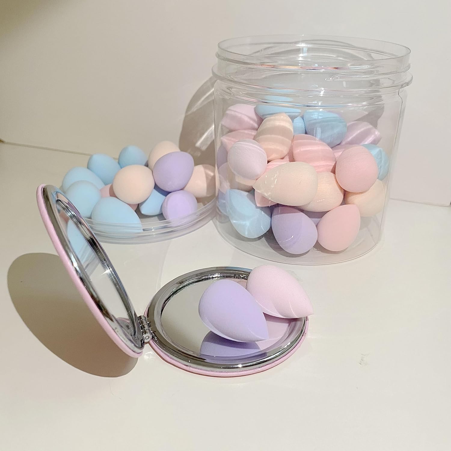 50 PCS Small Mini Makeup Sponges and Powder Puff with Makeup Mirror, Multi Colored Beauty Blender Makeup Sponge Facial Makeup Tools (Makeup Sponge egg)